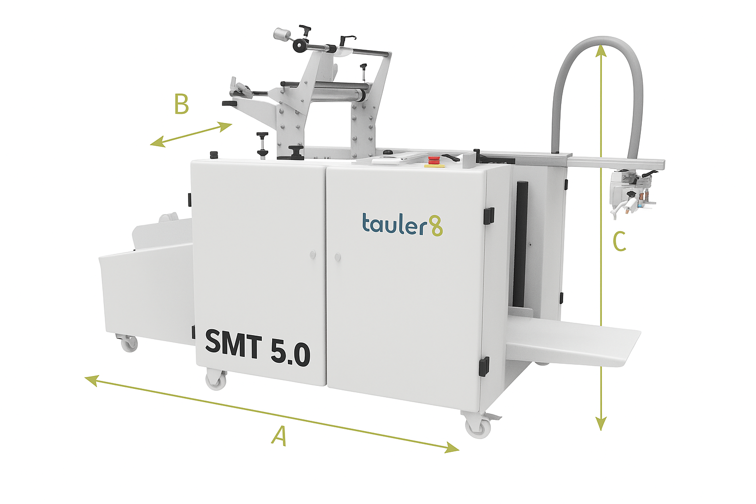 Laminadora automática SMT 5.0 de Tauler Laminating Tech con dimensiones A, B y C.