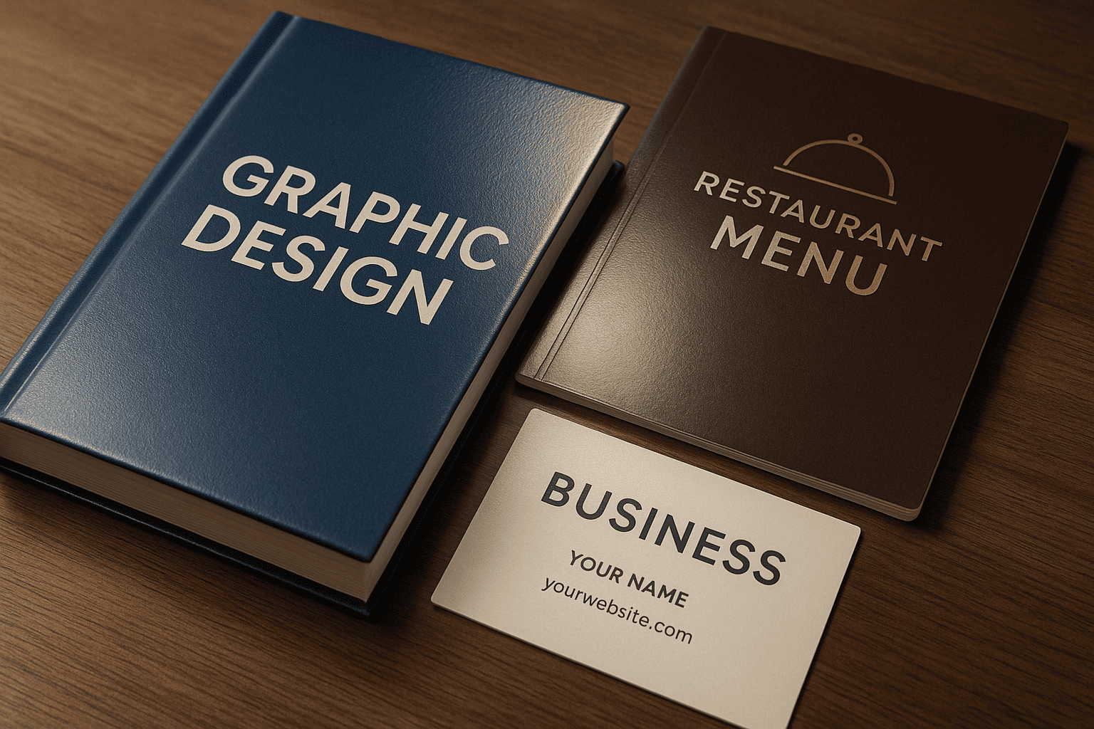 Libro, menú de restaurante y tarjeta de visita con acabados laminados brillantes y mates sobre una mesa de madera, iluminados por contraluz cálida que resalta los reflejos del laminado.