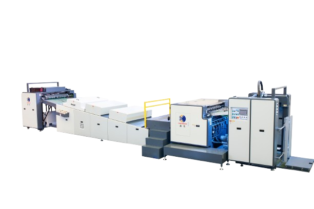 XJU-1060 automatic UV varnishing machine with feeder, spot varnishing unit and industrial UV drying system.