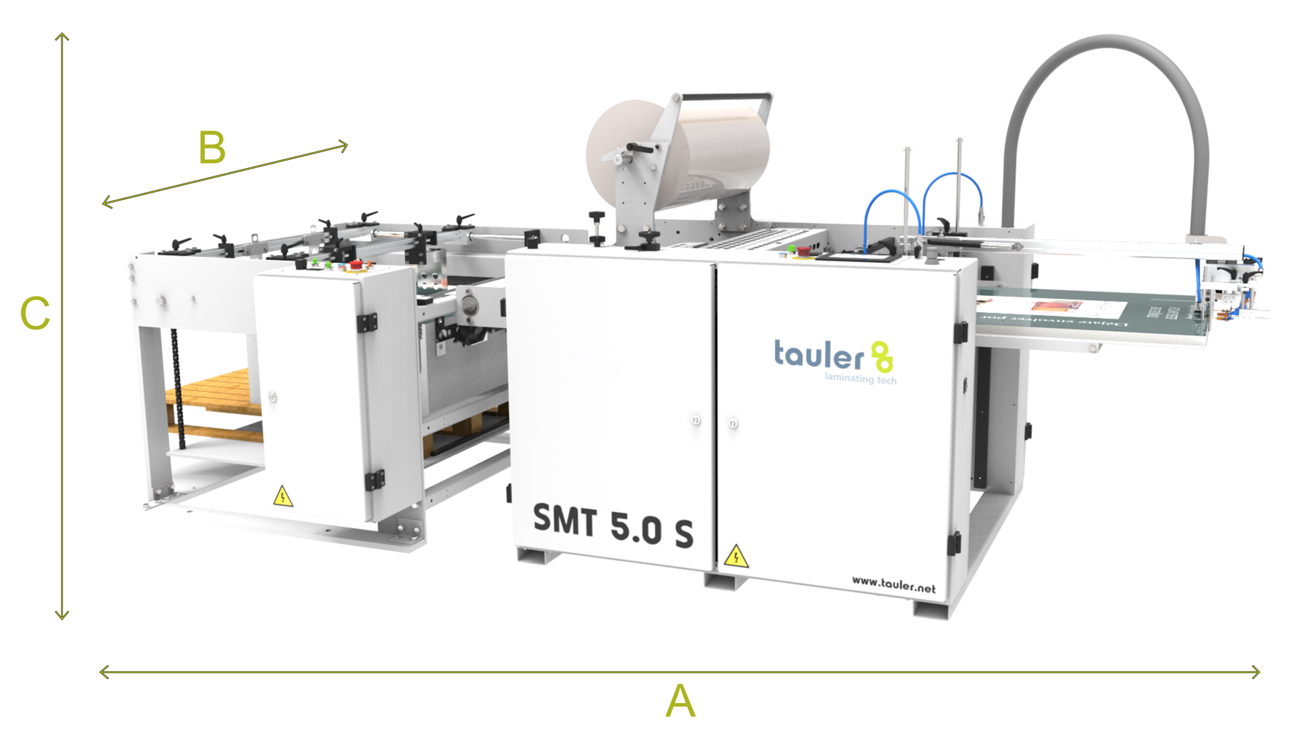 Machine à laminer automatique SMT 5.0 de Tauler Laminating Tech avec les dimensions A, B et C.